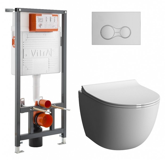 картинка Комплект унитаз+инсталляция VitrA Sento L-Box set безободковый, с микролифтом, кнопка хром